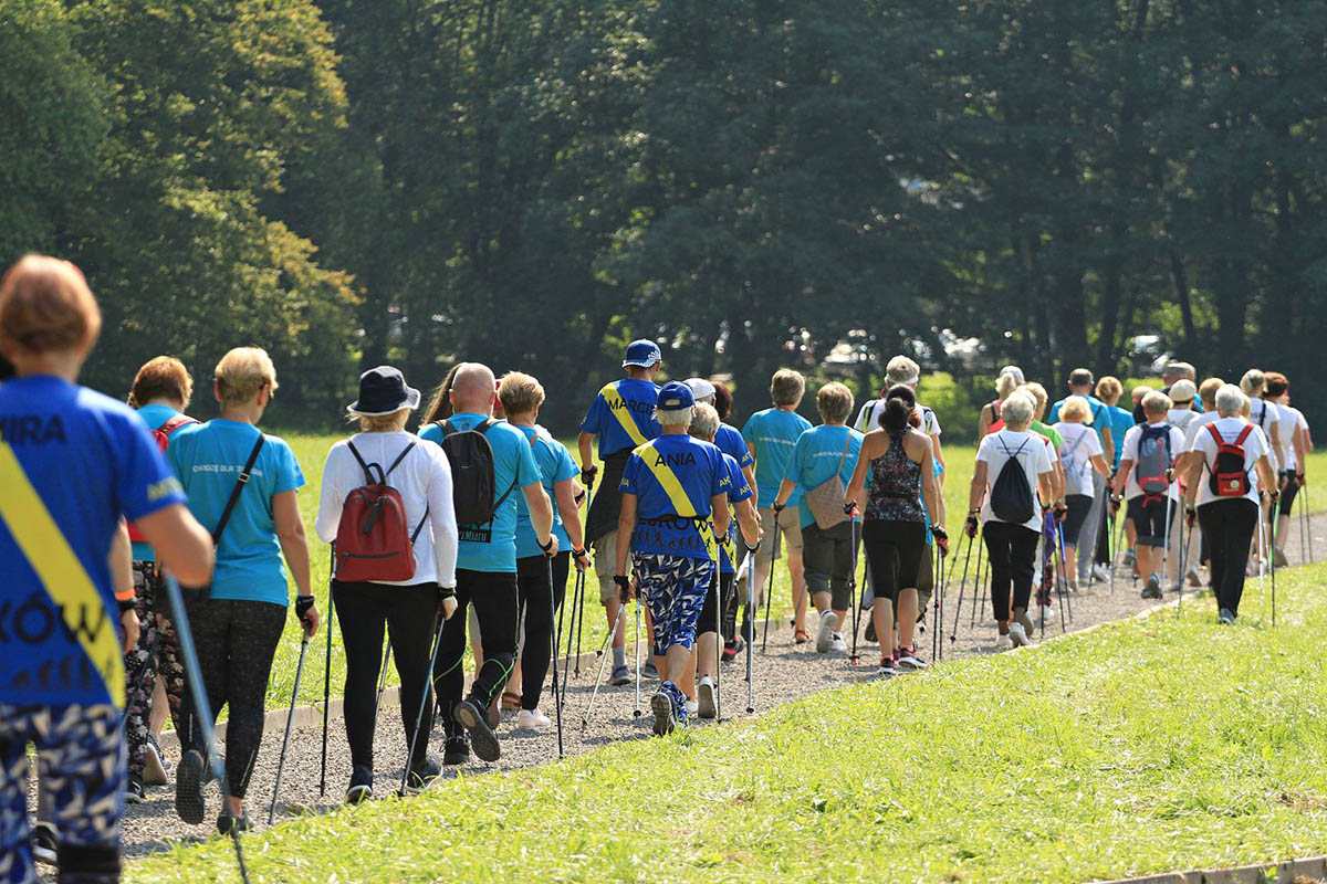 Duża grupa osób spaceruje z kijkami do Nordic Walking w jednym kierunku.